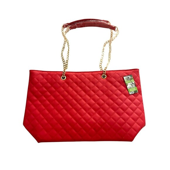 Badgley Mischka Vegan Leather Quilted Red Chain Strap Tote Bag With Gold Accents - Picture 3 of 8